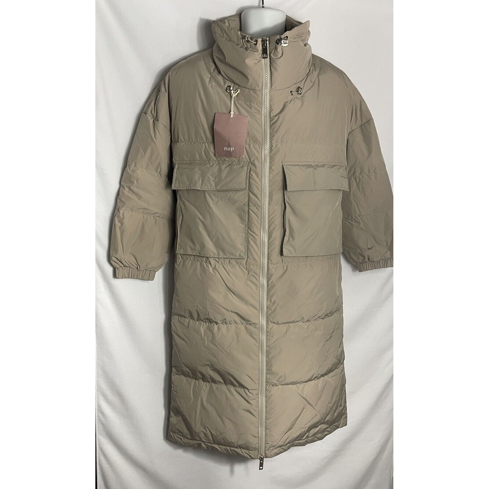 Nap Beige tan oversized down‎ puffer jacket size S long full zip fill white duck